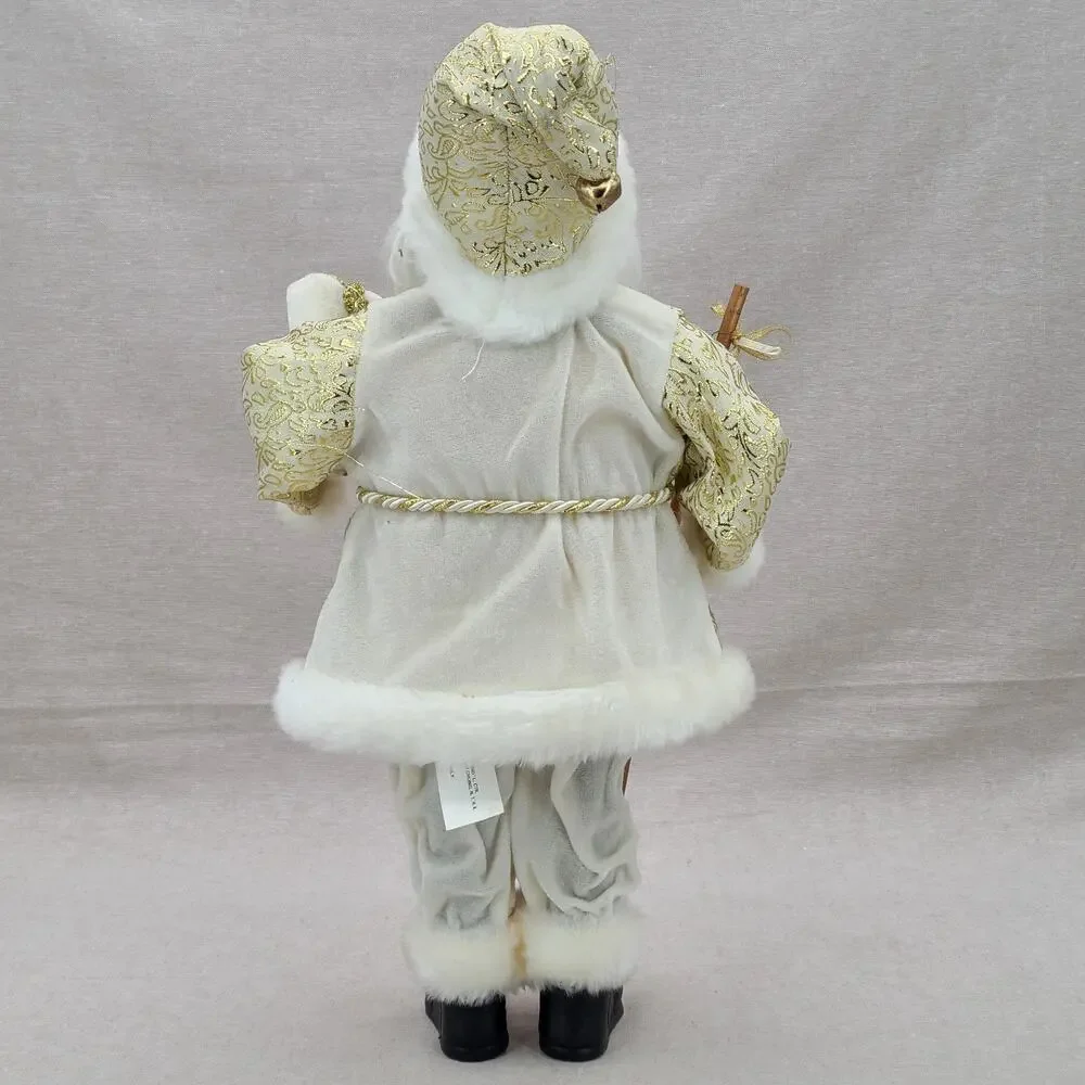 Vintage Santa Claus Figurine - White Gold With Staff, Faux Fur Trim - 18